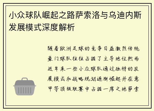 小众球队崛起之路萨索洛与乌迪内斯发展模式深度解析